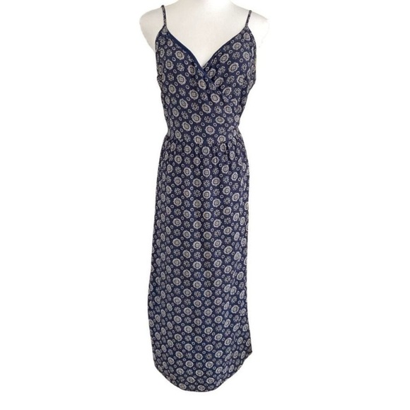 FRANK AND OAK NAVY CREAM GEO PATTERN SPAGHETTI STRAPS WRAP DRESS XL - Picture 1 of 7